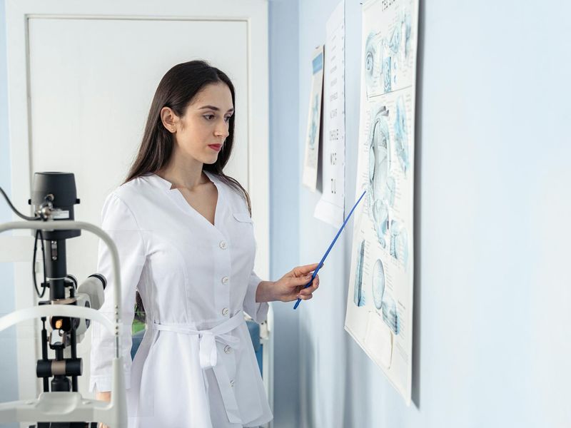Person practicing eye exercises in a bright office environment.
